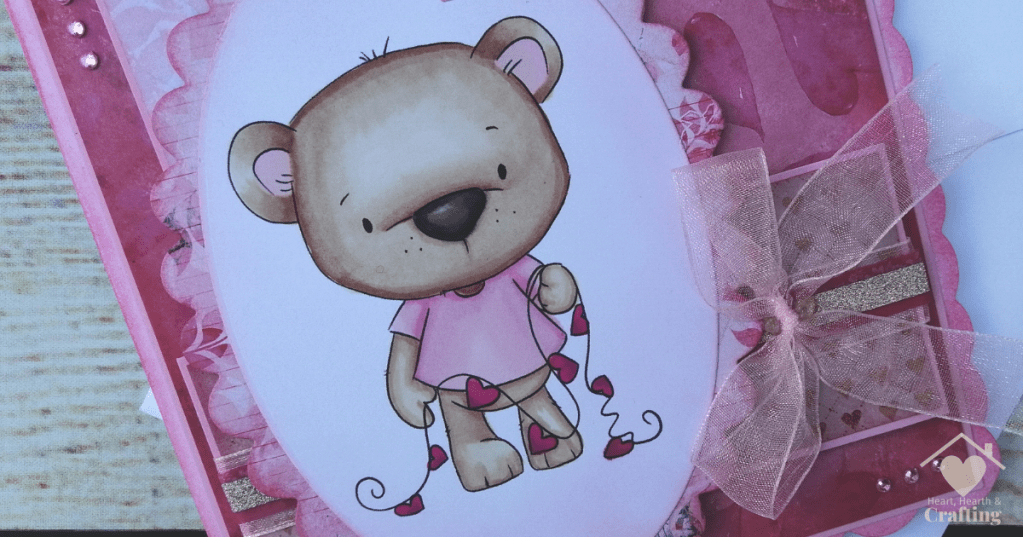 Polkadoodles Bobby Bear with Heart Bunting Handmade Greetings Card