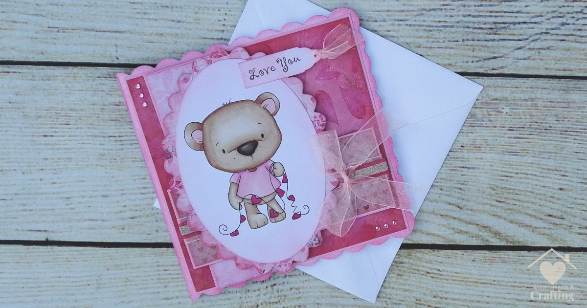 Polkadoodles Bobby Bear with Heart Bunting Handmade Greetings Card