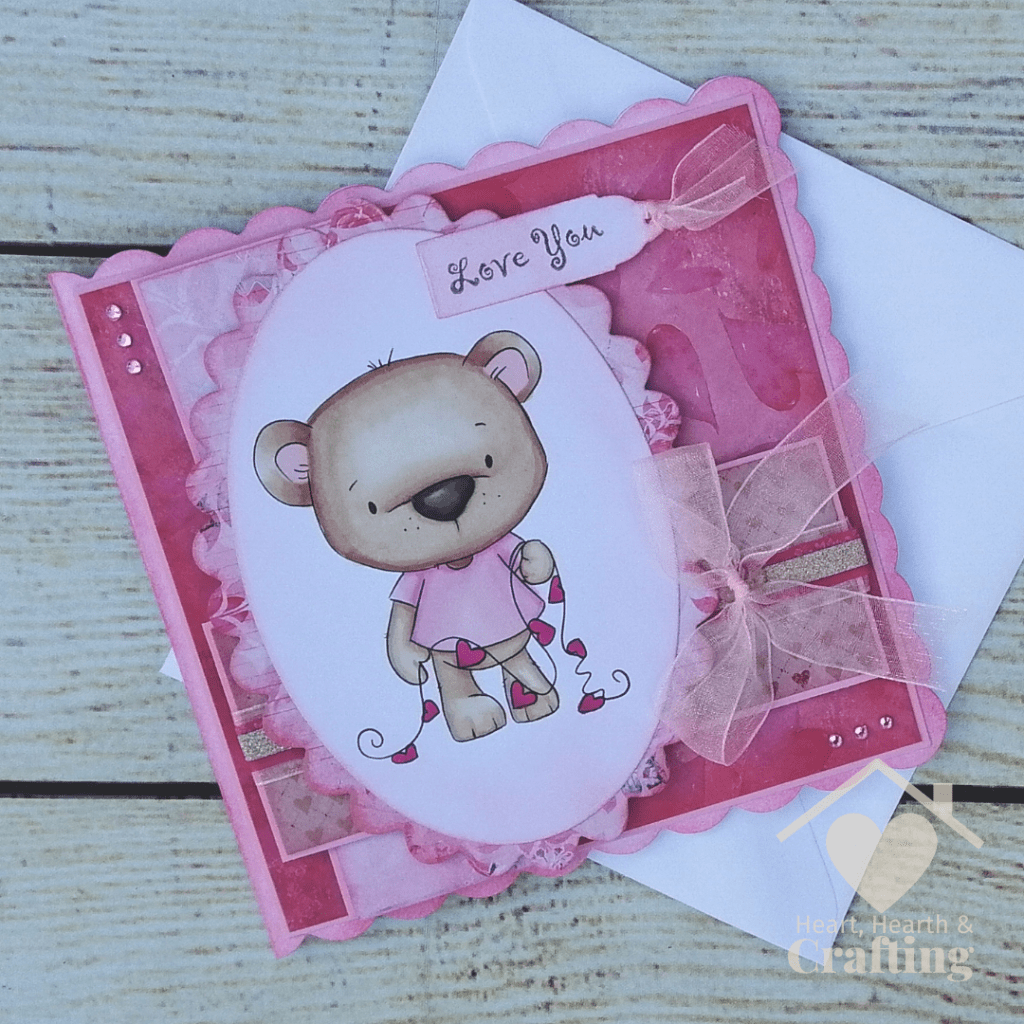 Polkadoodles Bobby Bear with Heart Bunting Handmade Greetings Card