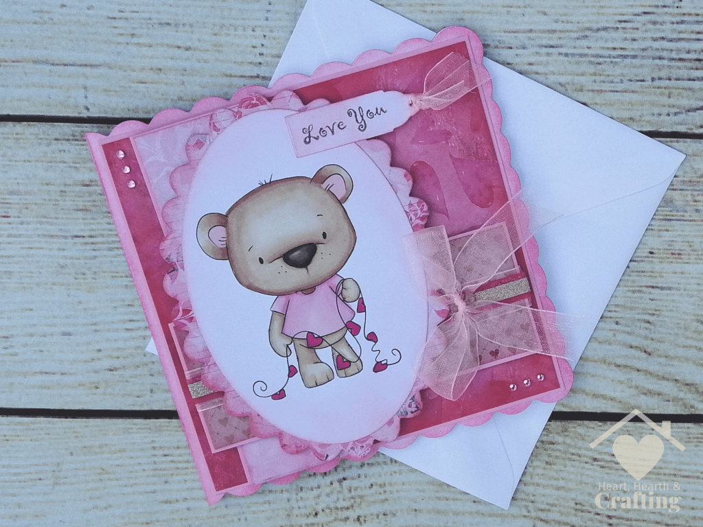 Polkadoodles Bobby Bear with Heart Bunting Handmade Greetings Card