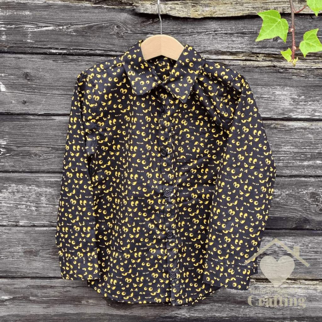 Sewing Peek-A-Boo Pattern's Classic Oxford Shirt in Haunted Hill Fabric for Halloween